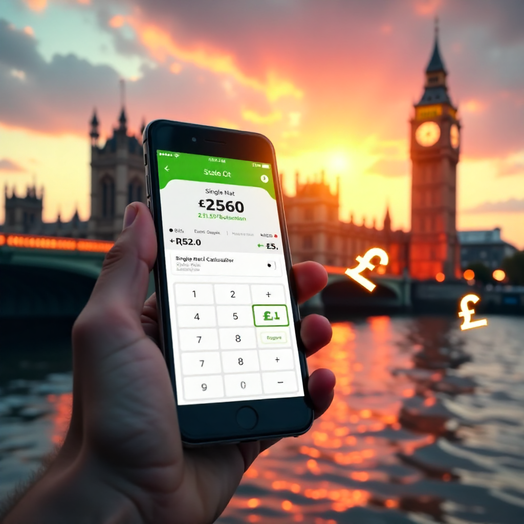 A hand holding a high-end smartphone displaying a professional Single Bet Calculator app with a clean white and emerald green interface, background is the London skyline with the Big Ben and Westminster Bridge at sunset, 3D golden British Pound symbols (£